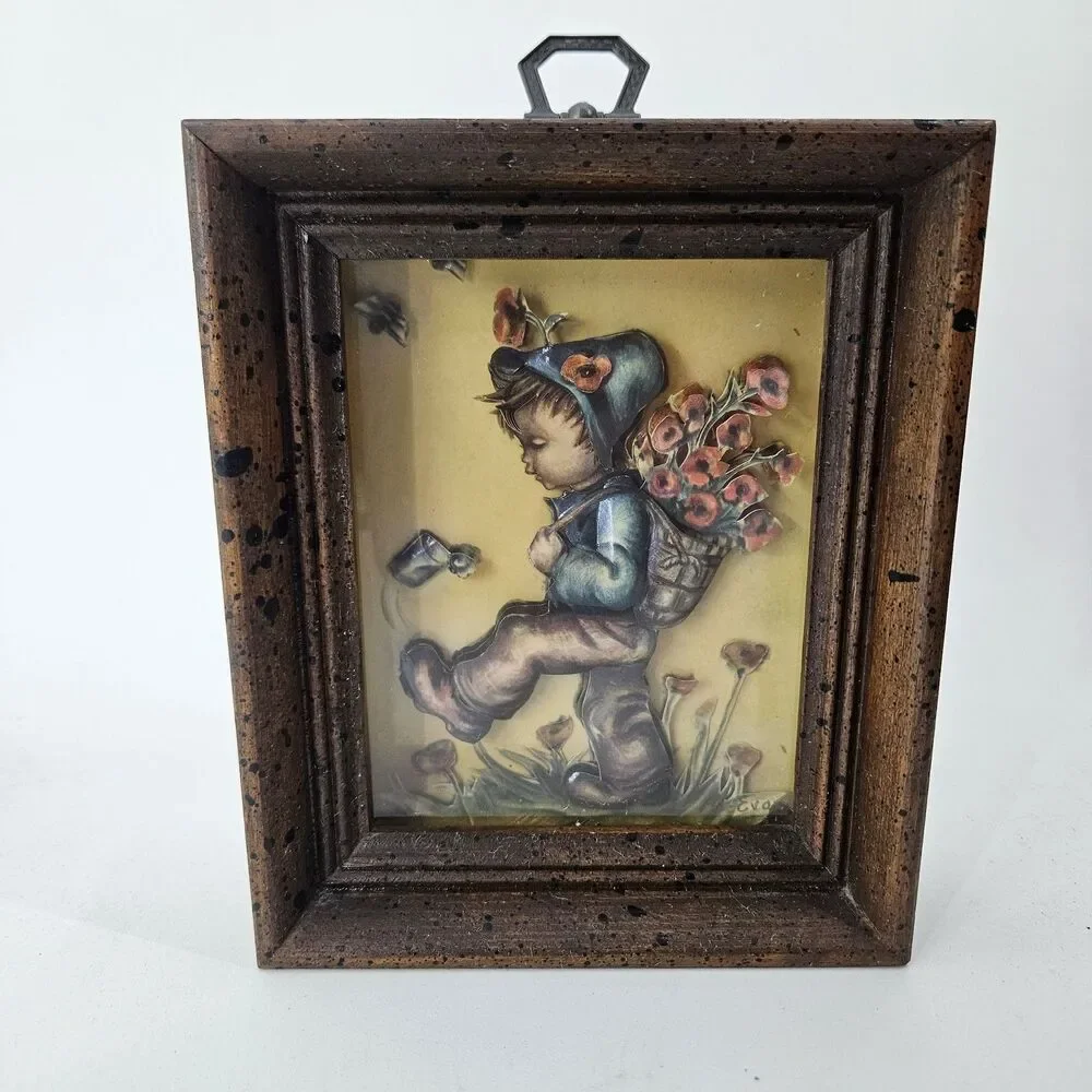 Vintage Hummel Style Shadow Box Frame 3D Art Boy with Flowers Wall Decor Mid